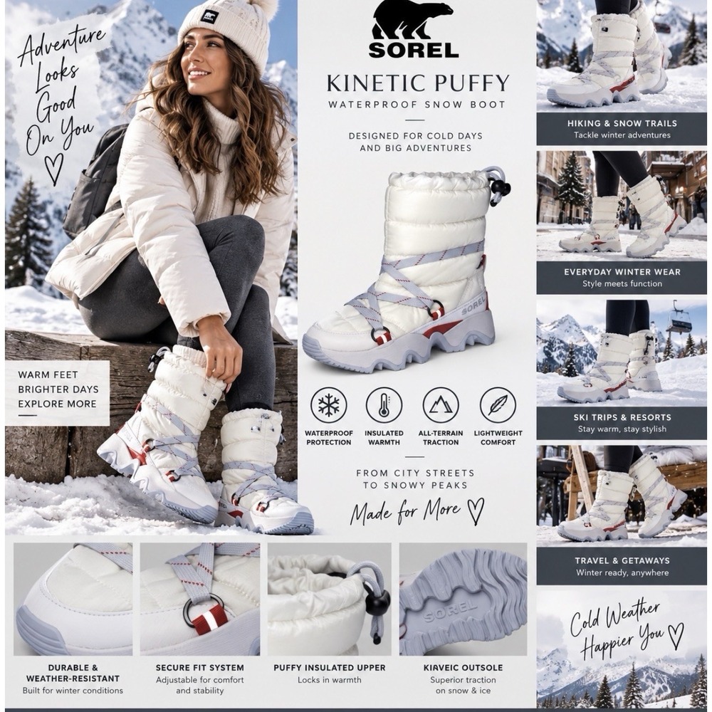 Sorel Kinetic Puffy Waterproof Ski‎ Snow Boots 9 White Gray  Cold Weather Gear